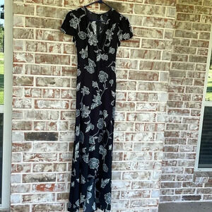 Le Chateau Black White Floral Wrap High Low Maxi Dress